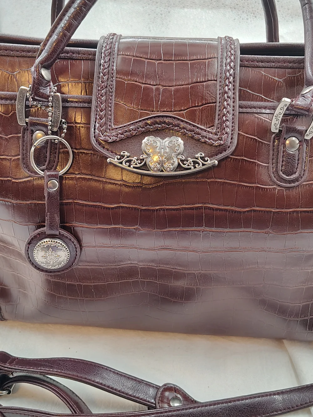 Classic Croc-Embossed Satchel Handbag/ Shoulder Bag in Deep Brown
